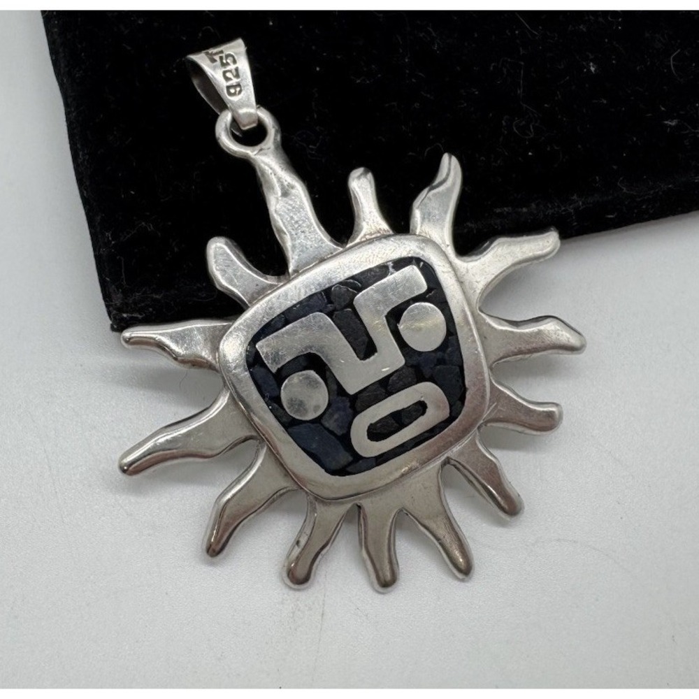 Taxco Mexican Sterling Silver 925 Aztec Sun Face Inlay Pendant TS-134 Mexico
